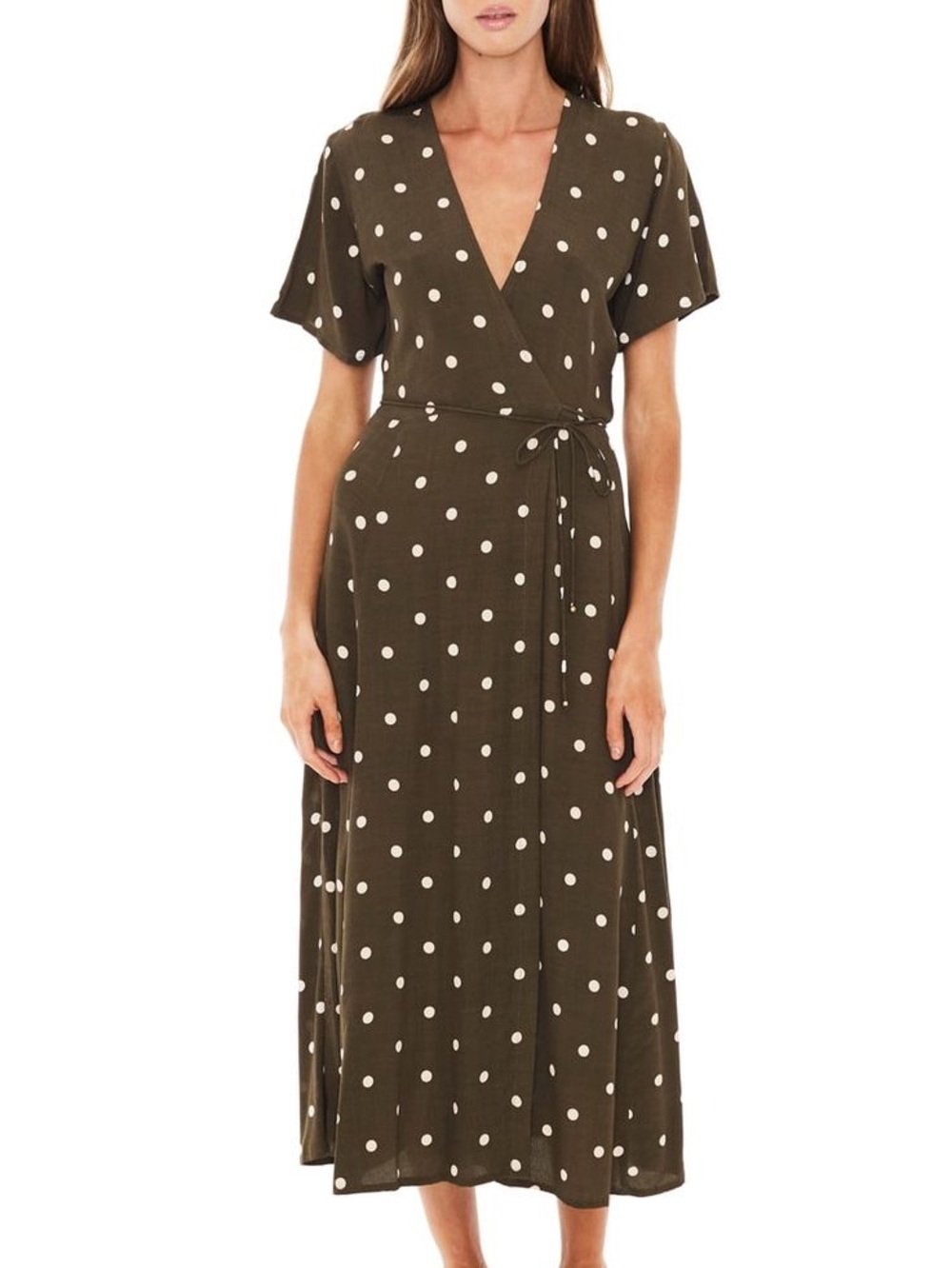 Faithfull the Brand Leila Olive Polka Dot Midi Wrap Dress Small